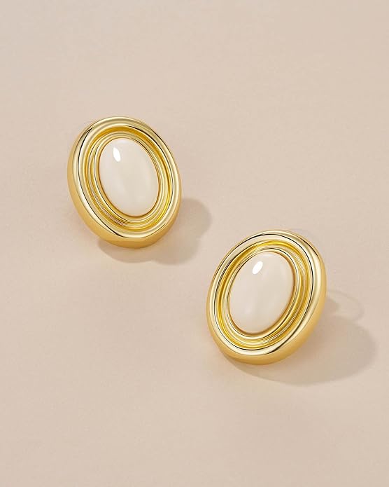 18K gold plated Medium Oval Button Chunky Statement Earrings for Women by SNGIA, (Turquoise, Carnelian, Aventurine, Amethyst, Malachite, Cat Eye, White, Cream) Bold Handmade Colored (Red, Blue, Green, White, Cream, Purple) Exaggerated Dome Retro Rounde...