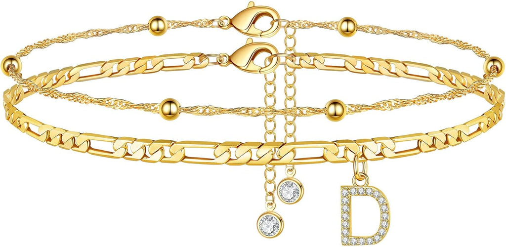 Ursteel Ankle Bracelets for Women, 14K Gold Plated Dainty Layered Chain CZ Initial Anklets Summer Jewelry Gifts for Women