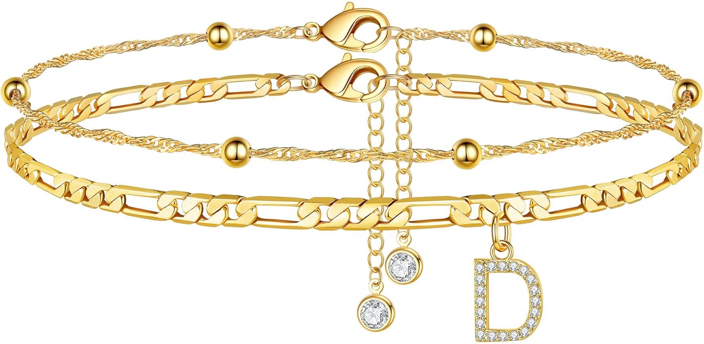 Ursteel Ankle Bracelets for Women, 14K Gold Plated Dainty Layered Chain CZ Initial Anklets Summer Jewelry Gifts for Women