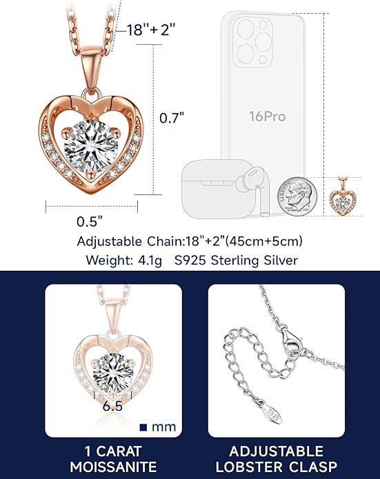 MomentWish Heart Necklace for Women Moissanite, Simulated Diamond, 925 Sterling Silver
