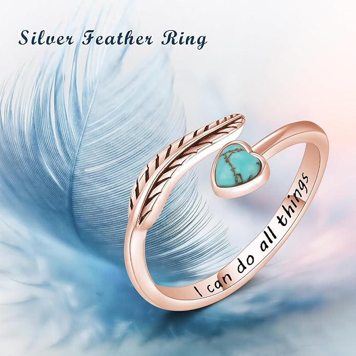 Turquoise/Moss Agate/Moonstone/Black Onyx/Lapis Lazuli/Labradorite/Tiger Eye Feather Ring 925 Sterling Silver Adjustable Ring Western Thumb Rings Vintage Jewelry Gifts for Women