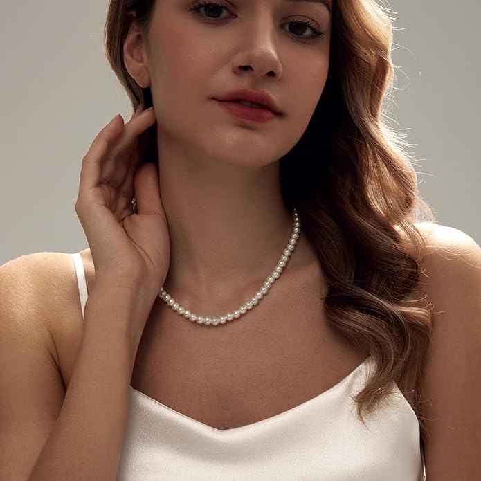 Zeffy Pearl Necklace 4MM/6MM/8MM Dainty Round Imitation Pearl Choker Necklace Wedding Pearl Necklace Delicate Jewelry for Women Simple Bridesmaid Jewelry Gifts