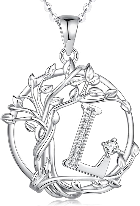 FANCIME Tree of life Initial necklaces for women, Sterling Silver Tree Jewelry Simulated Diamond Letter Pendant Cubic Zirconia CZ Personalized Birthday Mothers Day Gifts for Mom Wife Her