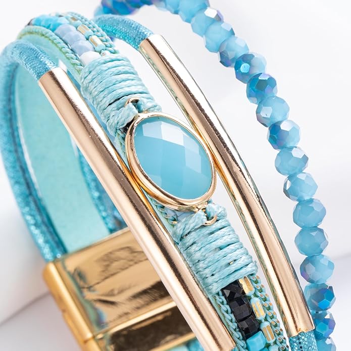 FANCY SHINY Leather Wrap Bracelets Crystal Beads Bracelet Boho Cuff Stone Charm Bracelets with Clasp Costume Jewelry for Women