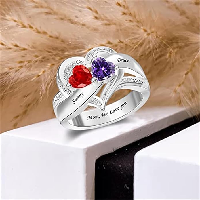 Personalized Heart Birthstone Rings for Women with 2 Birthstones Custom Name Rings for Couple Mother Daughter Jewelry Gift for Mother Her Christmas