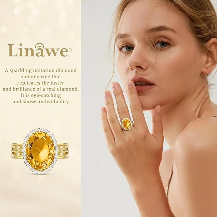 Linawe Birthstone Chunky Adjustable Rings for Women, Gold/Silver/Rose Gold Statement Rings, Imitation Diamond Fake Gemstone Crystal Cocktail Ring, Cubic Zirconia Costume Jewelry