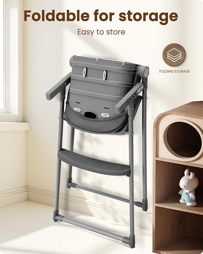 Foldable High Chair, High Chairs for Babies and Toddlers, Dining Chairs and Eating Chair with Adjustable Tray and 5 Point Harness for Infant, Gray