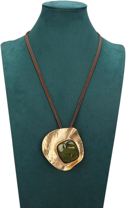 GelConnie Leather Necklace for Women Large Pendant Long Brown Necklace Circle Leather Choker Vintage Sweater Necklace Gold Chunky Boho Necklaces for Women