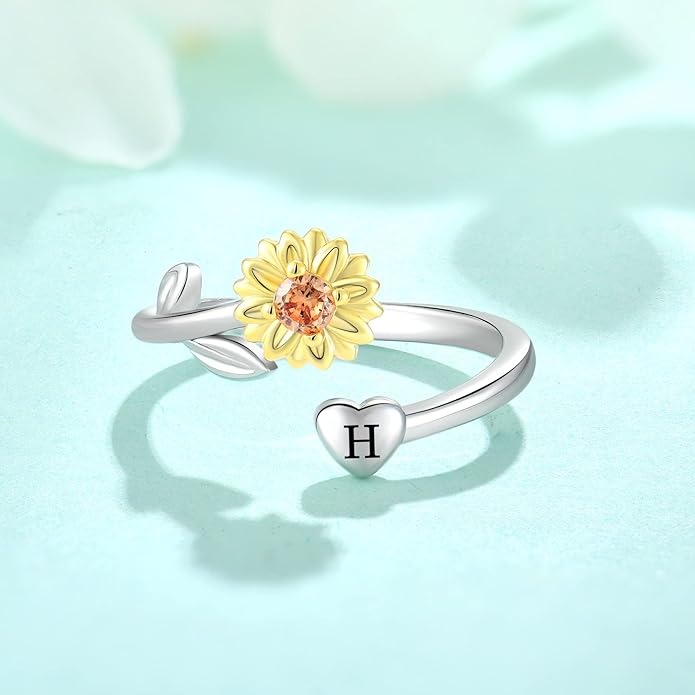STARCHENIE Sunflower Initial Ring for Women 925 Sterling Silver Letters A-Z 26 Alphabet Adjustable Ring Size 7
