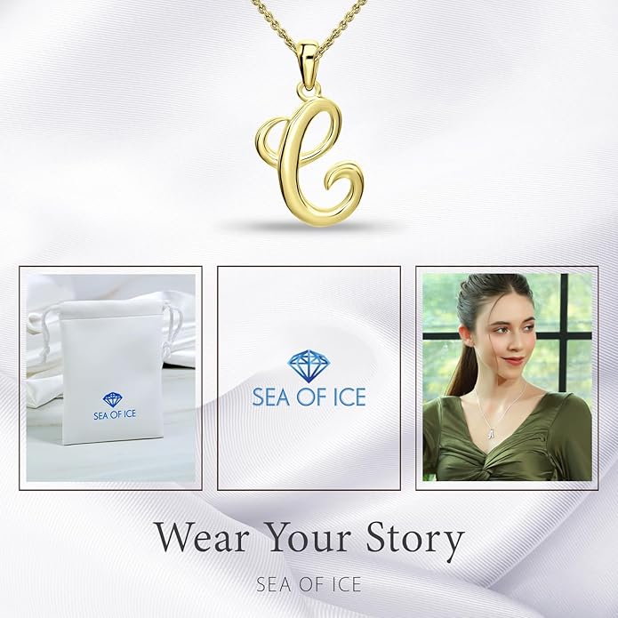 SEA OF ICE Letter Initial Necklace, Alphabet Letter Pendant Necklace, Sterling Silver, Gold, Rose Gold Necklace for Women, Elegant Initial Necklaces, Personalized Custom Women's Necklaces