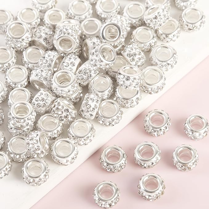 60Pcs Rhinestone Large Hole Beads Spacer Beads White European Craft Big Beads Large Hole Rhinestones Lampwork Murano Bead Fairy Wand Garden Beads for DIY Bracelet Necklace Jewelry Making Supplies