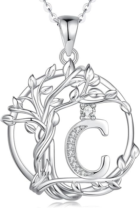 FANCIME Tree of life Initial necklaces for women, Sterling Silver Tree Jewelry Simulated Diamond Letter Pendant Cubic Zirconia CZ Personalized Birthday Mothers Day Gifts for Mom Wife Her