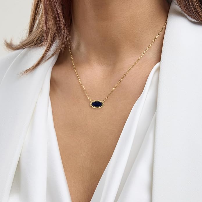 Belacqua Gemstone Necklace in 14K Gold Plated Sterling Silver, Oval Pendant Size 6 * 12mm, 15" Cable Chain with 2" Extender, Spring Ring Clasp, Dainty Birthstone Necklace for Women, Gift Box Included