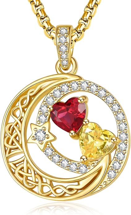14K Gold Moon and Star Necklace Gifts for Women - Double Heart Birthstone Necklace, Valentines Wedding Anniversary Birthday Gifts for Her Wife Mom Daughter Grandma Sister
