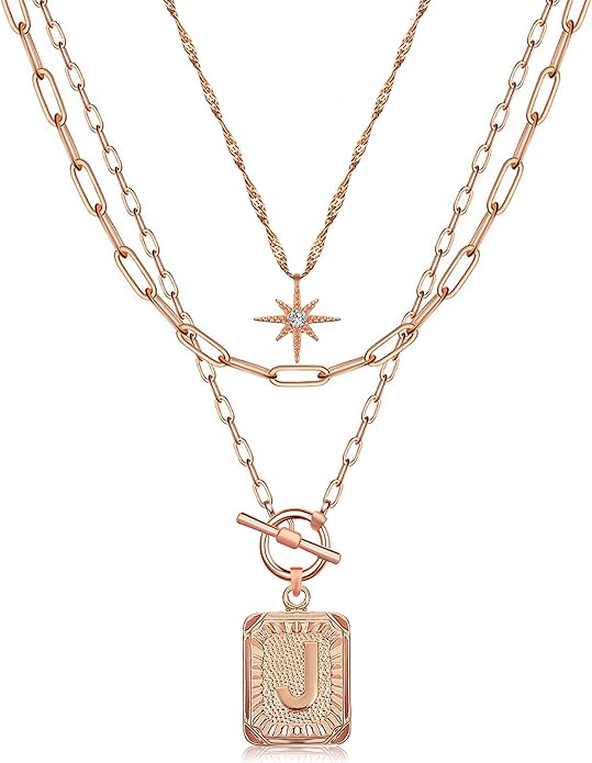MJartoria Layered Initial Necklaces for Women Trendy, 14K Gold Plated Brass Simple Star Choker Square Letter Pendant Necklace, Paperclip Chain Necklaces Jewelry Gifts