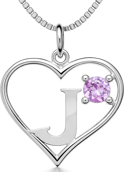 Silver Sterling Necklace Initial Letter A-Z Birthstone for Women – Personalized Custom Jewelry Pendant with Heart Design Customized Dainty Charm for Wife Girlfriend Mom – 18" Box Chain