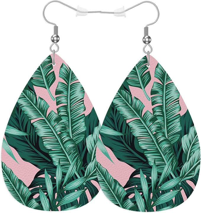 Palm Leaves Leather Teardrop Earrings For Women Tropical Banana Leaf Paradise Palm Foliage Western Earrings For Friends Gift Drop Dangle Earrings