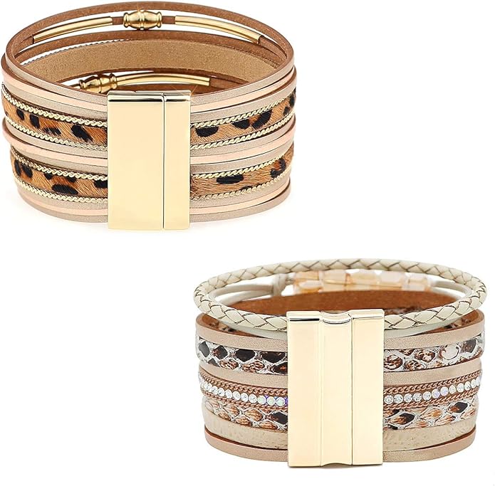 Wowanoo 3Pack Leather Cuff Bracelet Set Multilayer Wrap Bracelet Crystal Feather Tree Bracelet Magnetic Clasp Bracelet for Women