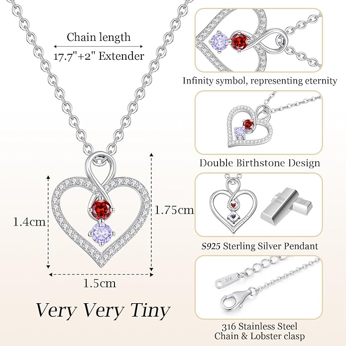 LOUISA SECRET Infinity Double Birthstone Necklace, 925 Sterling Silver Tiny Pendant Heart Necklace for Women Wife Her, Best Jewelry Gift Heart Jewelry Meaningful Gift for Valentine's Day, Christmas, Birthday Anniversary