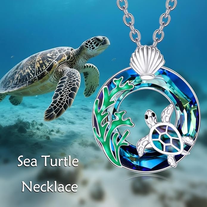 TOUPOP Sea Turtle/Mermaid/Dolphin/Shell/Starfish/Conch/Seahorse Necklace for Women Sterling Silver Ocean Pendant Necklace with Crystal Ocean Beach Charm Jewelry Birthday Christmas Gifts