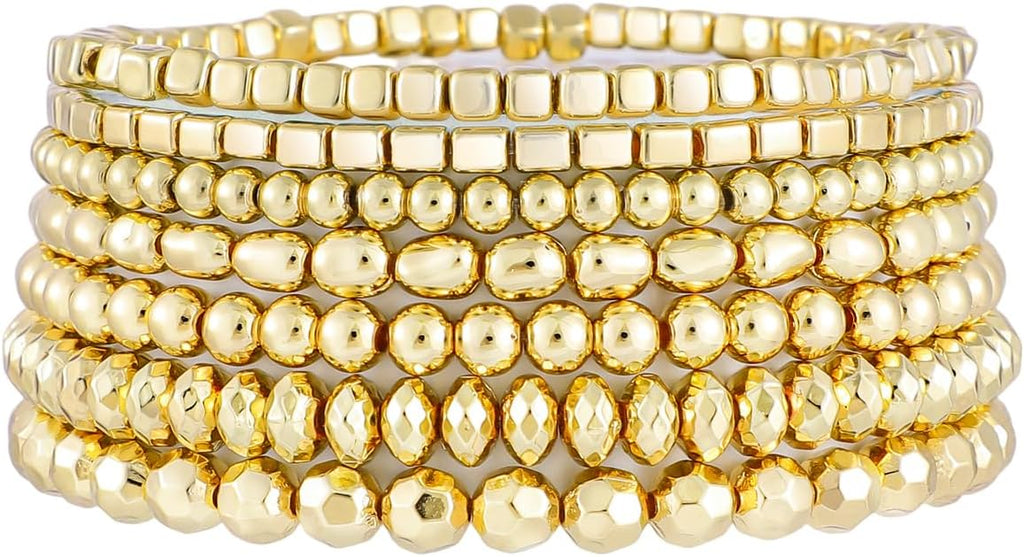 Gold Plated Beaded Bracelets for Women Trendy, 14K Gold Plated Stack Cross Pearl Gold Plated Bead Stretch Bracelets Set Elastic Hypoallergenic Bracelets Jewelry Gifts