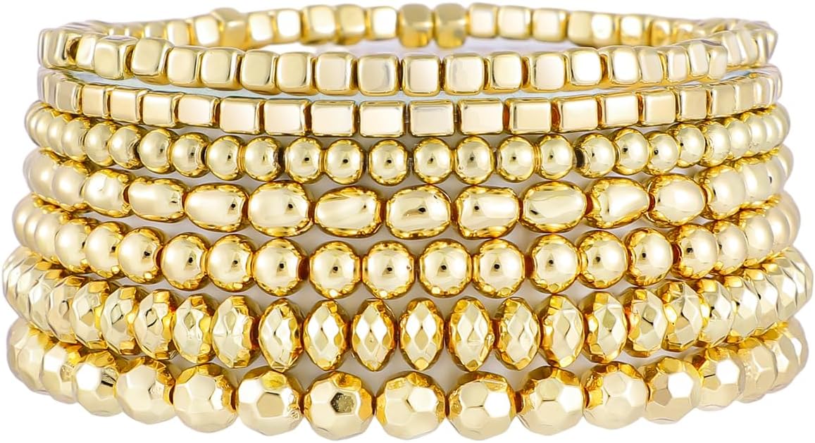 Gold Plated Beaded Bracelets for Women Trendy, 14K Gold Plated Stack Cross Pearl Gold Plated Bead Stretch Bracelets Set Elastic Hypoallergenic Bracelets Jewelry Gifts