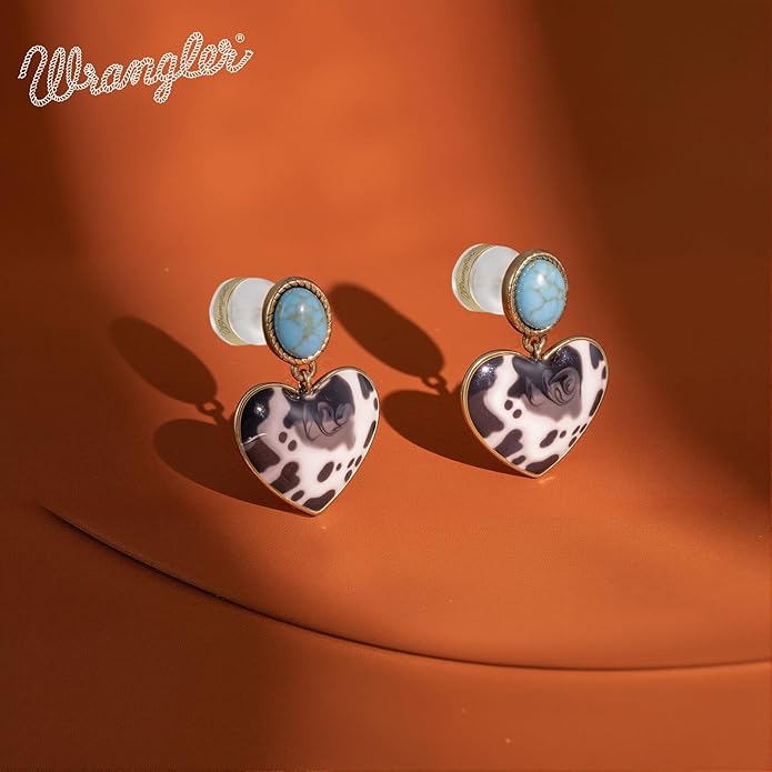 Wrangler Western Heart Drop Dangle Earrings for Women Statement 14k Gold Turquoise Cow Print Cowgirl Trendy Jewelry