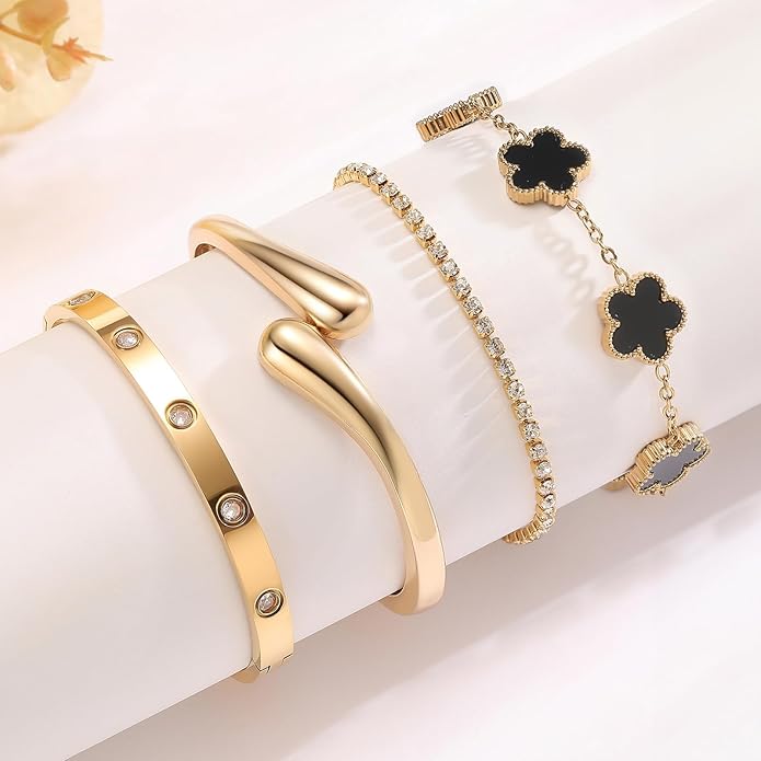 PDWZNBA 18K Gold-Plated Bracelet Set – Floral Clover, Tennis, Chunky Adjustable Twist Cuff, Classic Gold-plated Bangle Stainless Steel, Non Tarnish, Stackable Bracelet Gift for Women