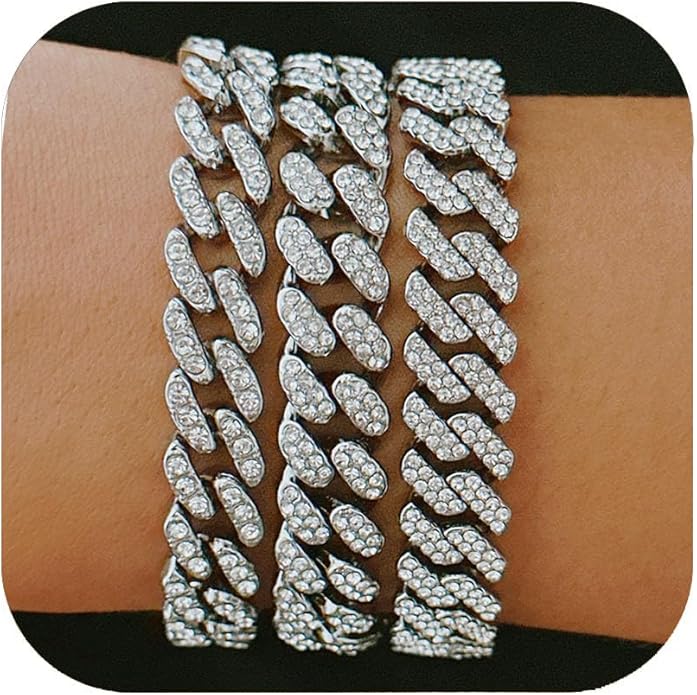 14K Gold Plated Ankle Bracelets for Women Cuban Link Anklets Plus Size Silver Ankle Bracelet Layered Link Anklet Set Rhinestone Bling Anklets Silver Jewelry for Women Gift Set