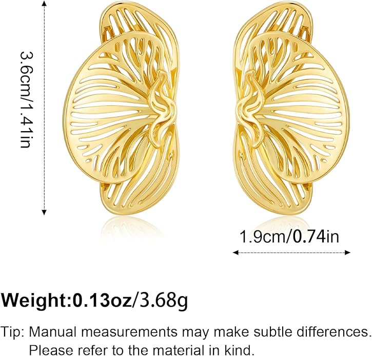 Gold Statement Stud Earrings for Women – 18K Gold Plated Abstract Hollow Leaf Earrings, Chunky Fan Shell Post Studs, Vintage Polished Cutout Flower Jewelry Gift