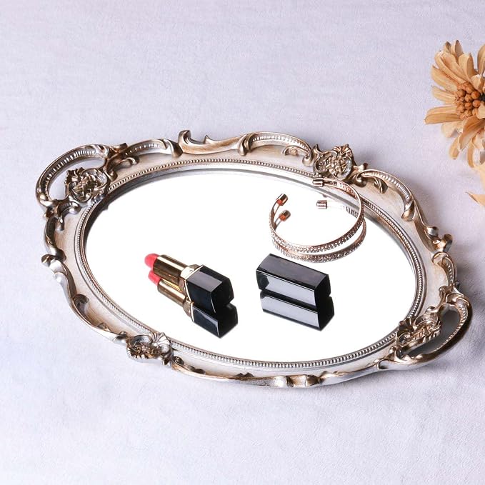 Polyresin Ellipse Antique Decorative Mirror Tray, Makeup Organizer, Jewelry - Image 4
