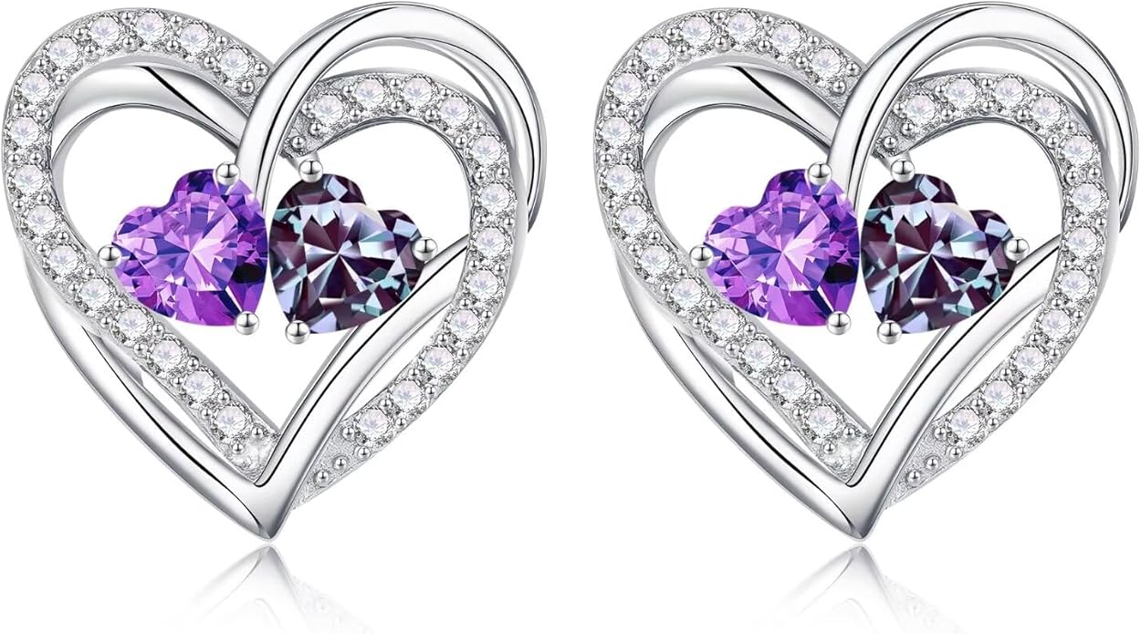 Iefil Valentines Day Gifts for Her, 925 Sterling Silver Heart Birthstone Earrings, Anniversary Birthday Gifts for Women, Birthstone Jewelry for Her Wife Girlfriend Mom