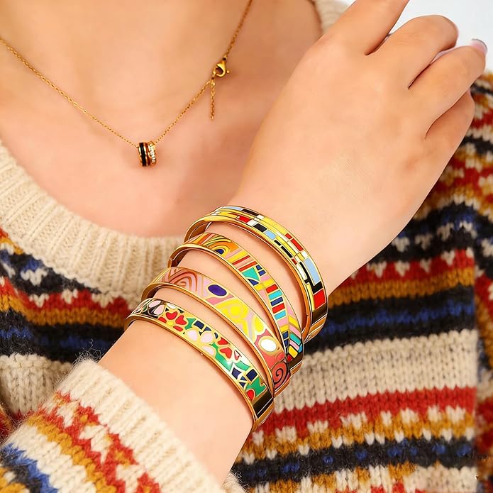 Enamel Bangle Set, 18K Gold Plated Stainless Steel, 4-Piece Bracelet Handcrafted Gorgeous Collection with Abstract and Floral Patterns, 6-7 Inch Wrist Size, Women's Fashion Jewelry