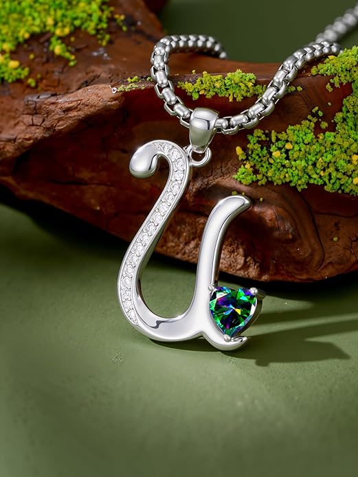 Valentines Day Gifts for Women Alphabet A to Z Initial Birthstone Pendant Necklaces for Women - 18k White Gold Plated Personalized Name Jewelry Valentine Mothers Day Birthday Gifts for Women Her Girlfriend