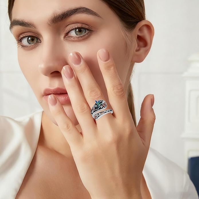 LOANGO Spoon Ring for Women 925 Sterling Silver Spoon Rings Adjustable Oxidized Vintage Thumb Rings Sunflower Hummingbird Butterfly Bee Cardinal Jewelry Gifts for Women Men