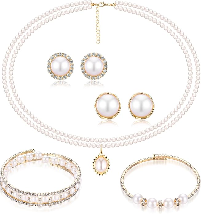 Glenmal Pearl Rhinestone Jewelry Set for Women Pearl Necklace Bracelet Earrings for Wedding Birthday Bridal Shower Tea Party
