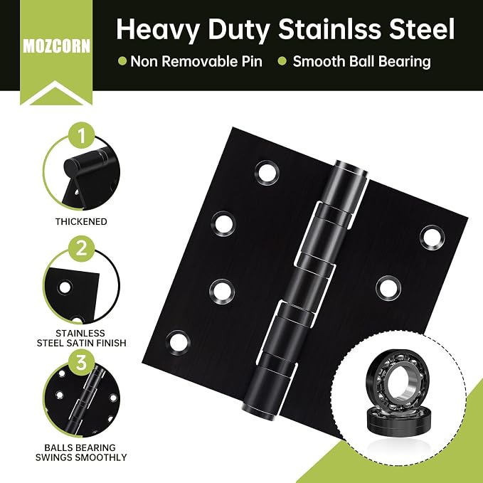 3 Pack Black Door Hinges 4 x 4 Inches, Heavy Duty Stainless Steel Ball Bearing - Image 3