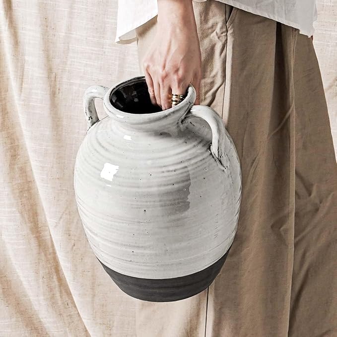 Large White Ceramic Vase with 2 Handles, 11.3 Inch, Farmhouse Rustic | by LETAUCIGARDEN