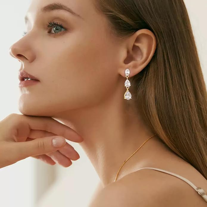 14K Gold Plated Dangle Earrings for Women Dainty Silver Drop Earring Trendy Small Long Dangling Wedding Bridesmaid Hoop Diamond Crystal Cute Earring Jewelry Valentine Gifts