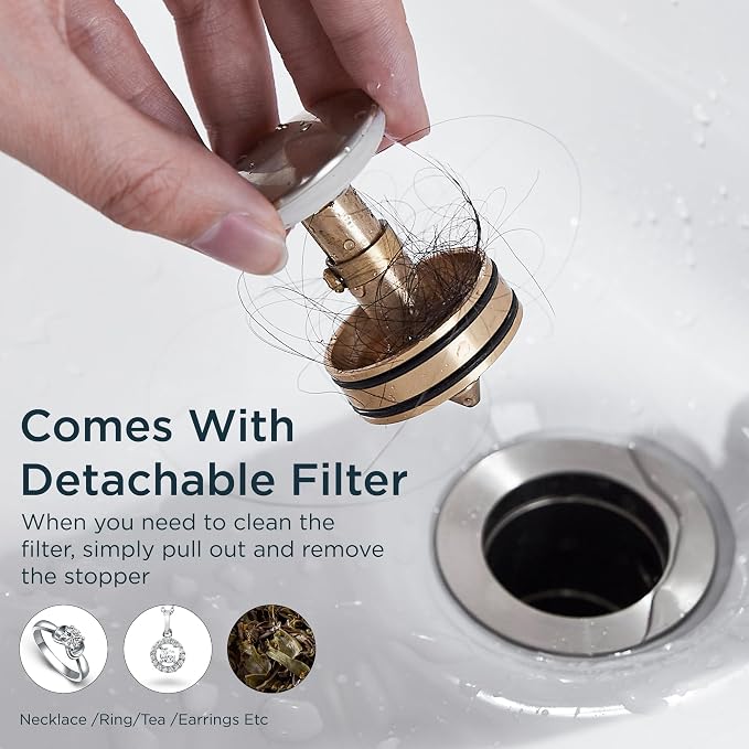 FORIOUS Sink Drain with Overflow, Brushed Nickel Pop Up Drain with Stopper - Image 5