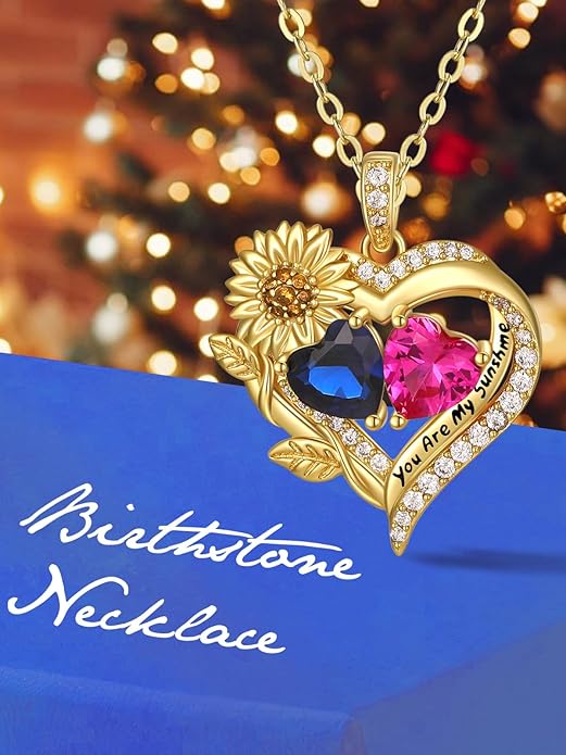 Sunflower Heart Necklace for Women 14K Gold Exquisite Valentines Day Anniversary Birthday Gifts for Wife Mother Her Double Birthstone Pendant Jewelry‘You Are My Sunshine’
