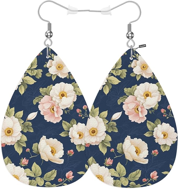 White Floral Leather Teardrop Hook Earrings Retro Wild Flower Peony Daisy Elegant Earrings For Women Friends Dangle Earrings