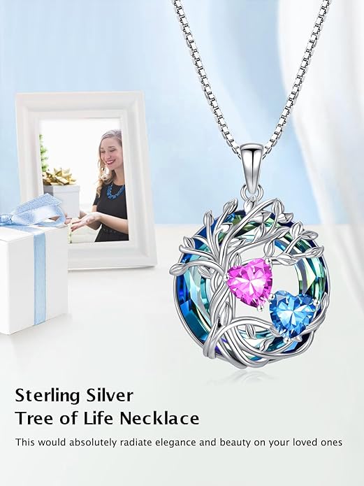 TOUPOP s925 Sterling Silver Family Celtic Tree of Life Pendant Necklaces with 2 Heart Birthstone with Blue Austrian Crystal Jewelry Birthday Valentines Day Gifts for Her, Anniversary Christmas Gifts for Wife Girlfriend Mom (18K Real White Gold Filled)