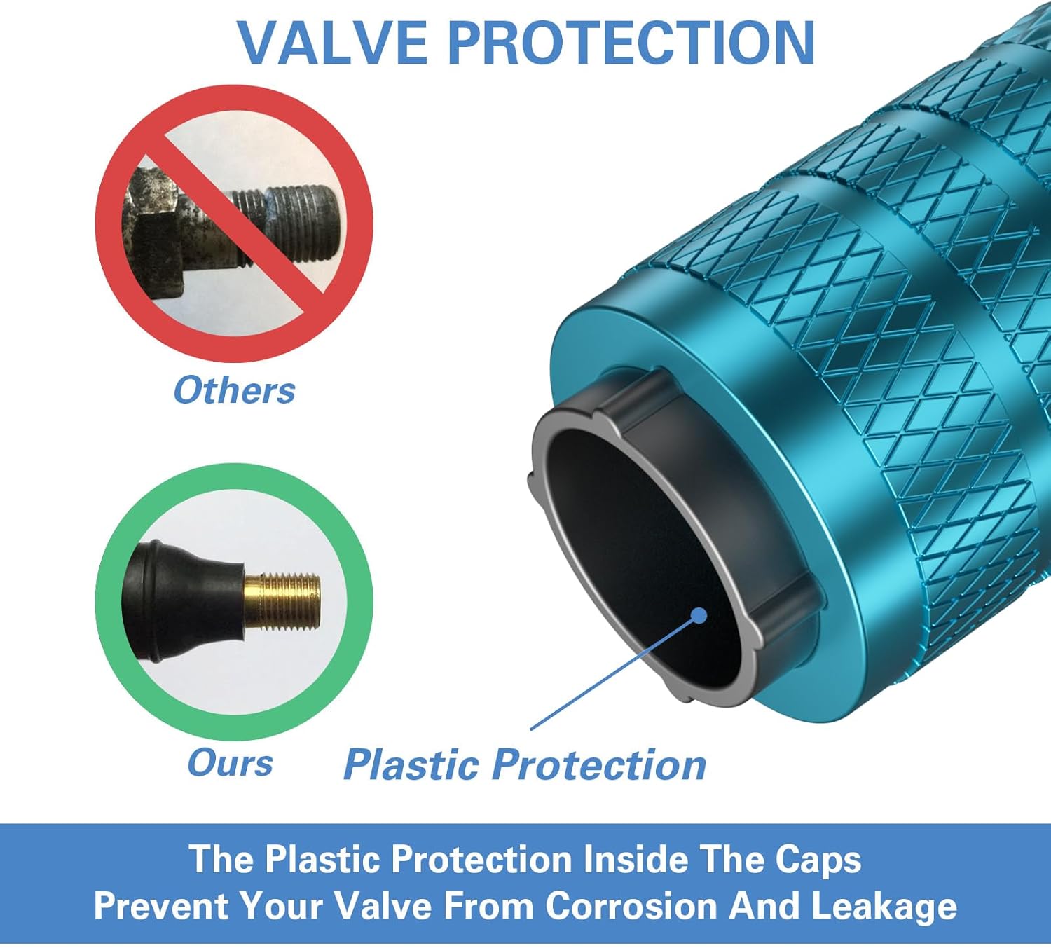 CKAuto Tire Valve Stem Caps, Cyan, 4 pcs/Pack, Anodized Aluminum Tire Valve Cap Set, Corrosion Resistant, Universal Stem Covers for Cars Trucks Motorcycles SUVs and Bikes