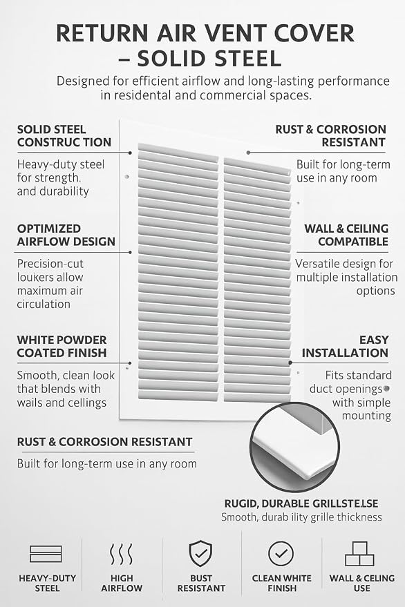 12x12 Air Return Vent Cover, Solid Steel White, 4 Pack - Image 5
