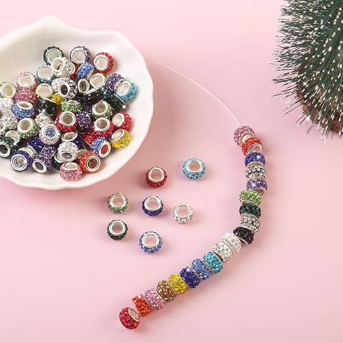 200Pcs Rhinestone Large Hole Beads Spacer Beads Mixcolor European Craft Big Beads Large Hole Rhinestones Lampwork Murano Bead Fairy Wand Garden Beads for DIY Bracelet Necklace Jewelry Making Supplies