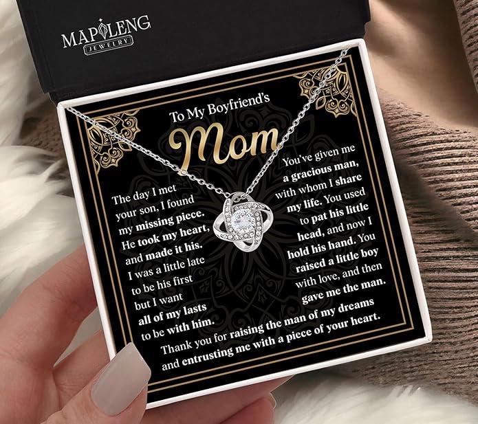 To My Boyfriend's Mom Love Knot Necklace, Elegant Jewelry Gift From Girlfriend, Meaningful Mothers Day Surprise, Birthday Christmas Keepsake With Heartfelt Message