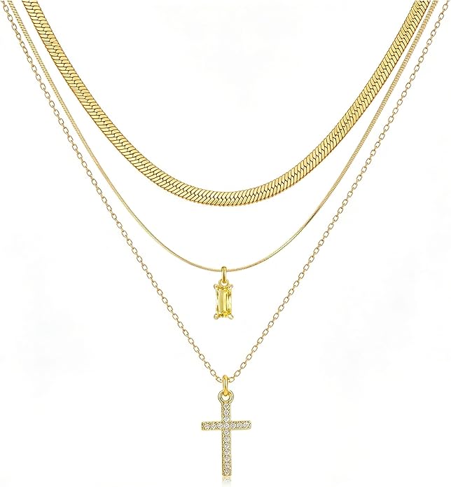 3Pcs Gold Layered Necklaces for Women, 14K Gold Plated Cross Necklace, Dainty Birthstone Necklace for Women, Herringbone Gold Necklaces Set, Stackable Women's Gold Pendant Necklaces Jewelry Set