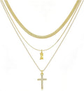 3Pcs Gold Layered Necklaces for Women, 14K Gold Plated Cross Necklace, Dainty Birthstone Necklace for Women, Herringbone Gold Necklaces Set, Stackable Women's Gold Pendant Necklaces Jewelry Set