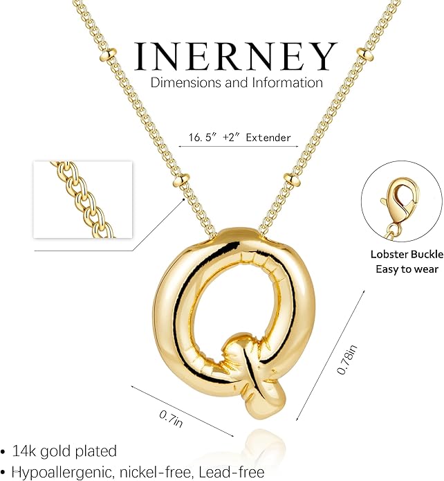 Inerney Valentines Day Gifts Gold Bubble Letter Necklace Initial Necklaces for Women, Chunky 14K Plated Balloon Initials, Trendy Charm Non Tarnish Custom Name Pendant Jewelry Gifts for Mom
